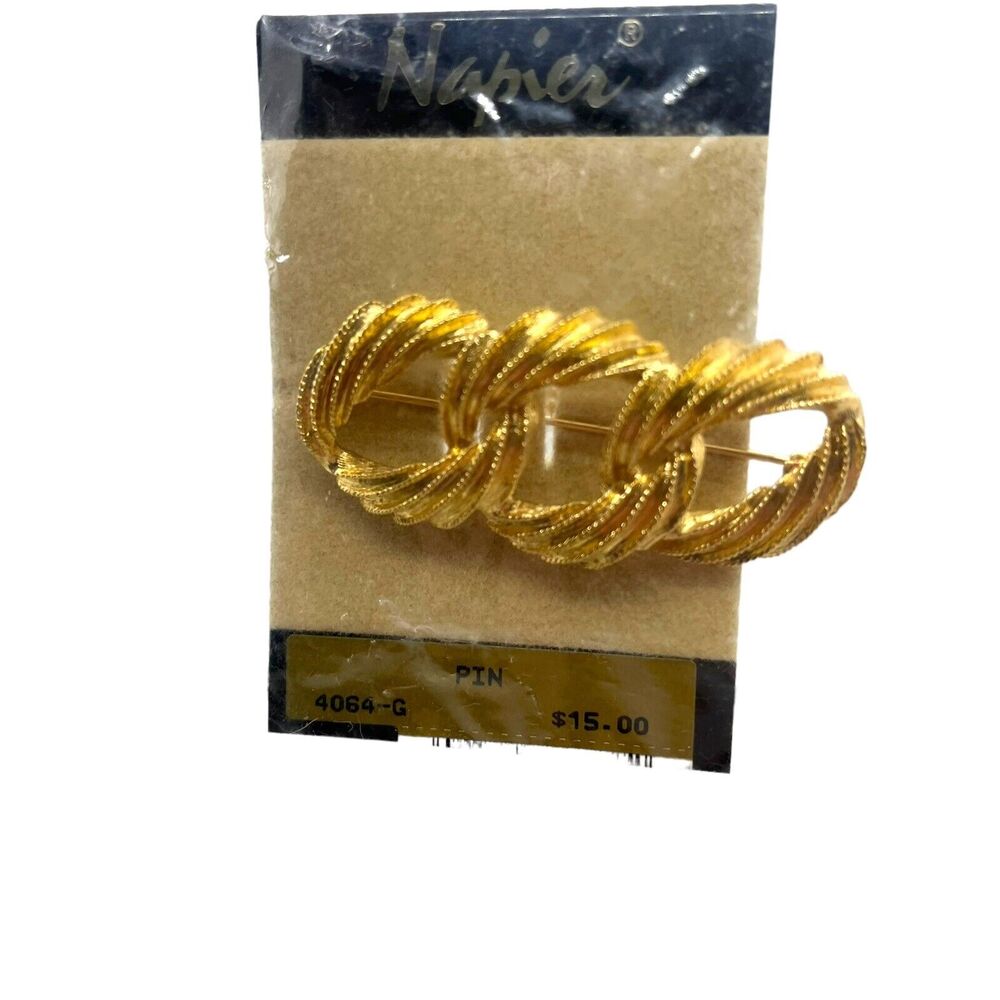 Napier Brooch Pin Twisted Links Gold Tone Jewelry Costume Original Wrap on Card